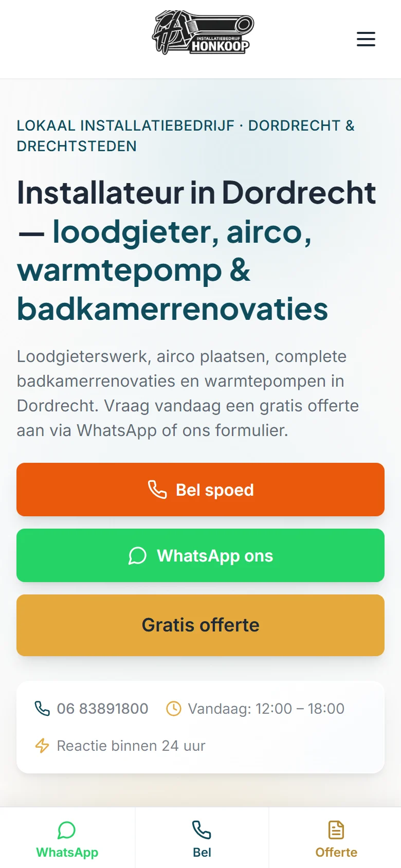Installatiebedrijf Honkoop — mobiele website